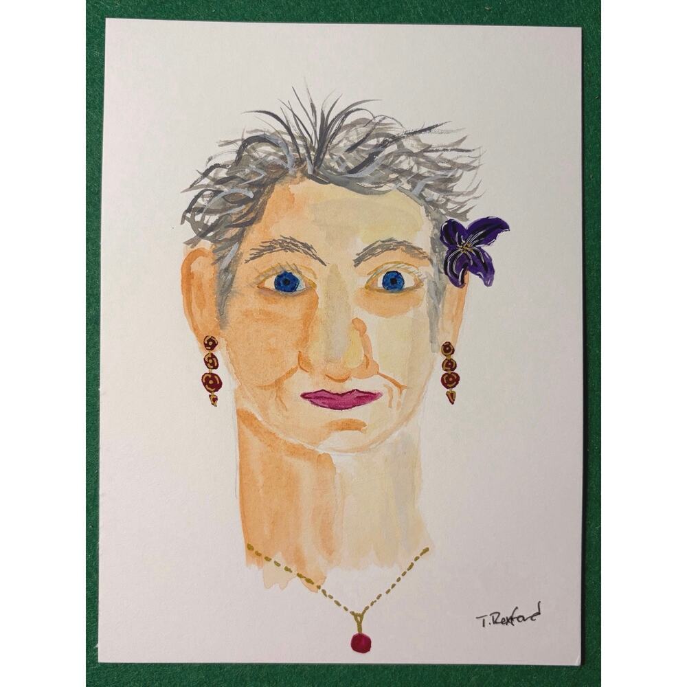Handmade watercolor original painting grey haired lady purple flower earrings